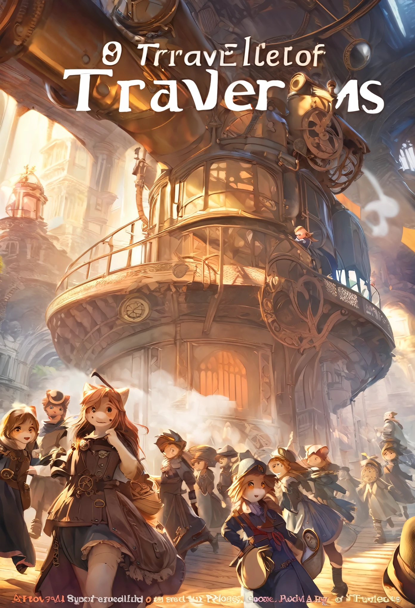 cover_page, highres, top quality, best quality, paid reward available, High-quality illustrations, unparalleled masterpiece, perfect artwork, absurdres, super high resolution, detailed background, Steam punk, Beautiful World Heritage, 6+boys, 6+girls, Happy, joyful(Photos of solo travelers)(kemono, furry anthro)cinematic lighting, dynamic angle,