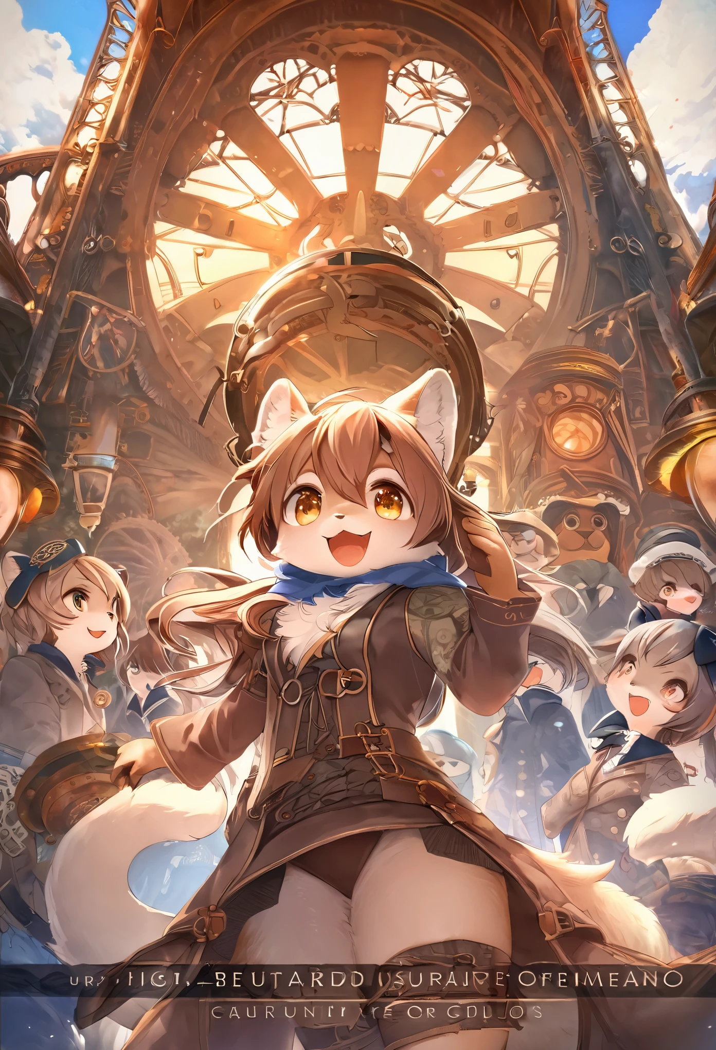 cover_page, highres, top quality, best quality, paid reward available, High-quality illustrations, unparalleled masterpiece, perfect artwork, absurdres, super high resolution, detailed background, Steam punk, Beautiful World Heritage, 6+boys, 6+girls, Happy, joyful(Photos of solo travelers)(kemono, furry anthro)cinematic lighting, dynamic angle,