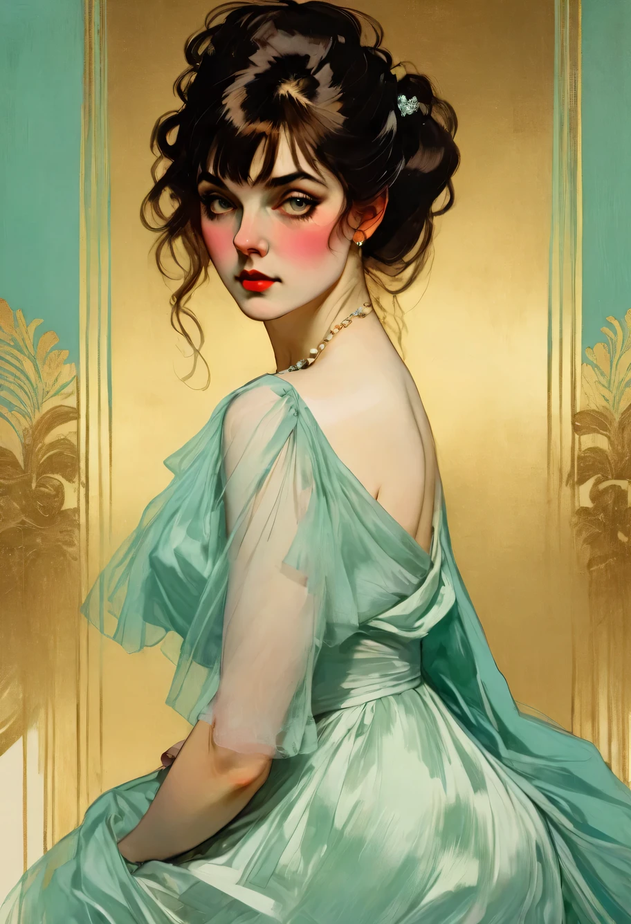 (thick and bold) ink sketch technique on sensual illustration of an elegant bride (((medium hair with bangs:1.4、Beautiful bangs) , vintage ,silky dress, matte painting, by John Singer Sargent, by Harumi Hironaka, extremely soft colors, dark fashion , Tiffany pastel, highly detailed, digital artwork, high contrast, dramatic, refined, tonal, an intimate, seductive studio setting with a focus on sensuality and romance. Utilize soft, warm lighting that bathes the space in a gentle, inviting glow. Incorporate luxurious fabrics, plush furnishings, and a touch of decadence to evoke an opulent ambiance. The scene should exude an air of serenity and anticipation, inviting the viewer into a sensual and romantic space