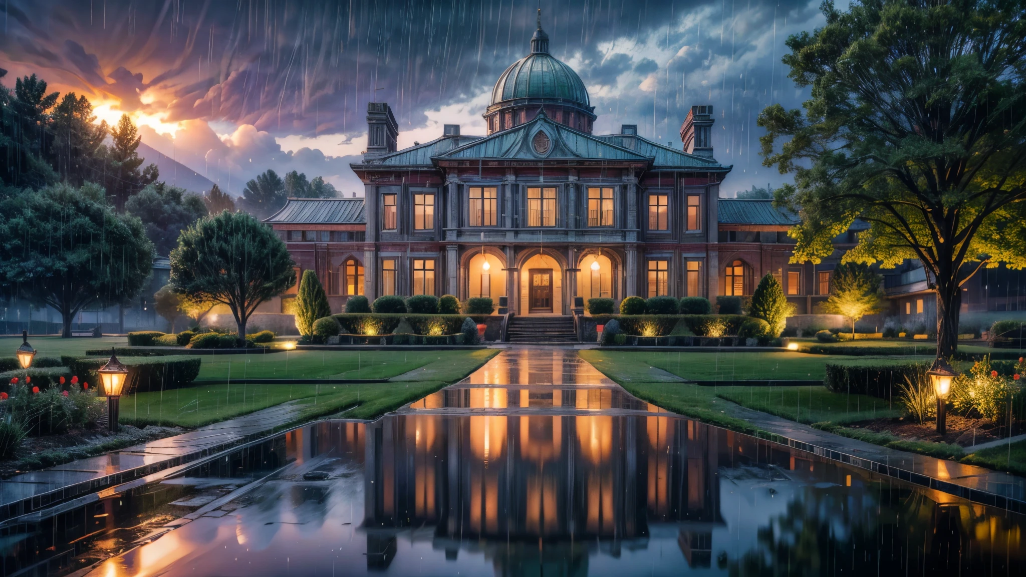 western school, running field in front, rain, downpour, wide entrance, beautiful light, cinematic light, reflections, mystery atmosphere, view from the entrace, garden on the sides of school, wide shot, UHD, highres, 4K, high details, super detail, masterpiece, best quality