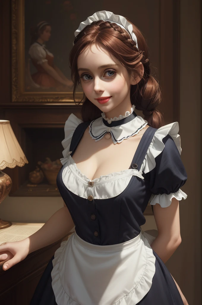 A pretty maid. best quality, masterpiece, Auburn hair, sky blue eyes, wearing a steriotypical French maid outfit, (headdress、white blouse、black ribbon、White Apron、ruffle skirt、???? sleeves、collar、choker、apron with fine ruffles:1.3)、black maid costume). looking up, upper body,hair strand,Fair skin,side braids Large chest,. Adorable, mature Woman,detailed big-eyed woman, round face. promenent red lips. Smileing,In the mansion library, large ass, Picture from the side,looking at the scenes, intense colors, Very valuable details, complex details, volumetric lighting, digital art, 8k, trending on Artstation, Clear focus, complex details, highly detail, Greg Rutkowski Big Eyes, high-resolution, Auburn hair. Alison Brie., attractive chest, .Photorealistic. Confidence, self esteem, assertiveness, dominance. wide Amused smile. ecstastic expression. Sultry Cleavage.