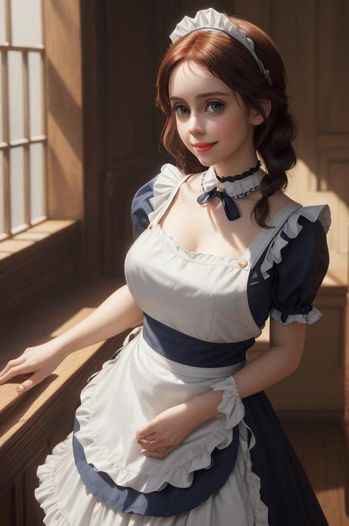 A pretty maid. best quality, masterpiece, Auburn hair, sky blue eyes, wearing a steriotypical French maid outfit, (headdress、white blouse、black ribbon、White Apron、ruffle skirt、puff sleeves、collar、choker、apron with fine ruffles:1.3)、black maid costume). looking up, upper body,hair strand,Fair skin,side braids Large chest,. Adorable, mature Woman,detailed big-eyed woman, round face. promenent red lips. Smileing,In the mansion library, large ass, Picture from the side,looking at the scenes, intense colors, Very valuable details, complex details, volumetric lighting, digital art, 8k, trending on Artstation, Clear focus, complex details, highly detail, Greg Rutkowski Big Eyes, high-resolution, Auburn hair. Alison Brie., attractive chest, .Photorealistic. Confidence, self esteem, assertiveness, dominance. wide Amused smile. ecstastic expression. Sultry Cleavage.