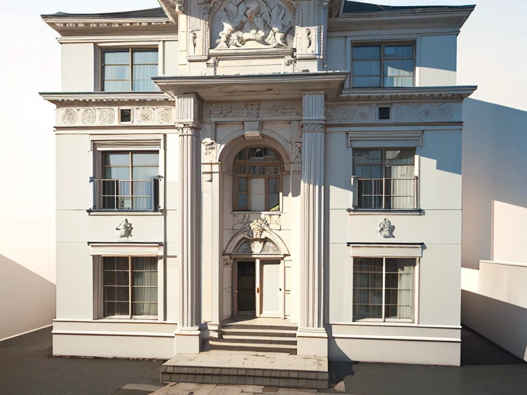 a close up of a drawing of a large building with a staircase, neo - classical style, front view dramatic, frontview, front perspective, neoclassical style, exterior design, front-view, front elevation view, symmetrical front view, all white render, in style of 3d render, neotraditional modern, front elevation, extremely detailed frontal angle, residential design