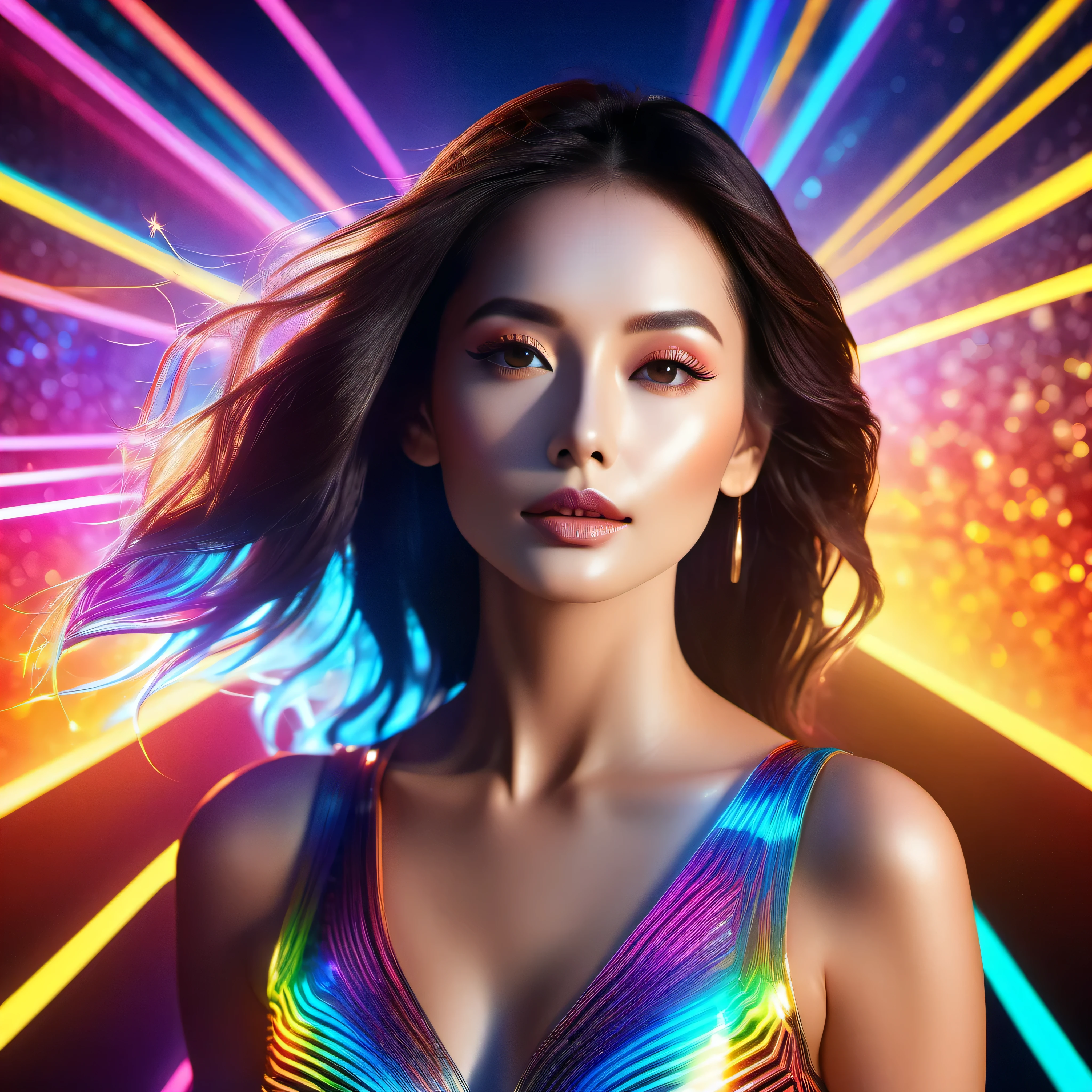 sunset spacious sunrise panoramic background, fashion portrait color photograph woman Diva, neon lights holography, draw in neon colors ((earth World)): Earth Globe : ((floating)), transparent, Three dimensions, light, SF, Digital art, Digital, scientific, dark background: electronic circuit: draw in neon colors, 3D, masterpiece, Digital space, energy, beautiful, masterpiece, 32K, light, be familiar with, lively, colorful, nice, beautiful, rich colors, beautiful Light Lines. magic effect, Sparkling, beautiful Light Grains. --v6 --s1000 --c20 --q5 --chaos100