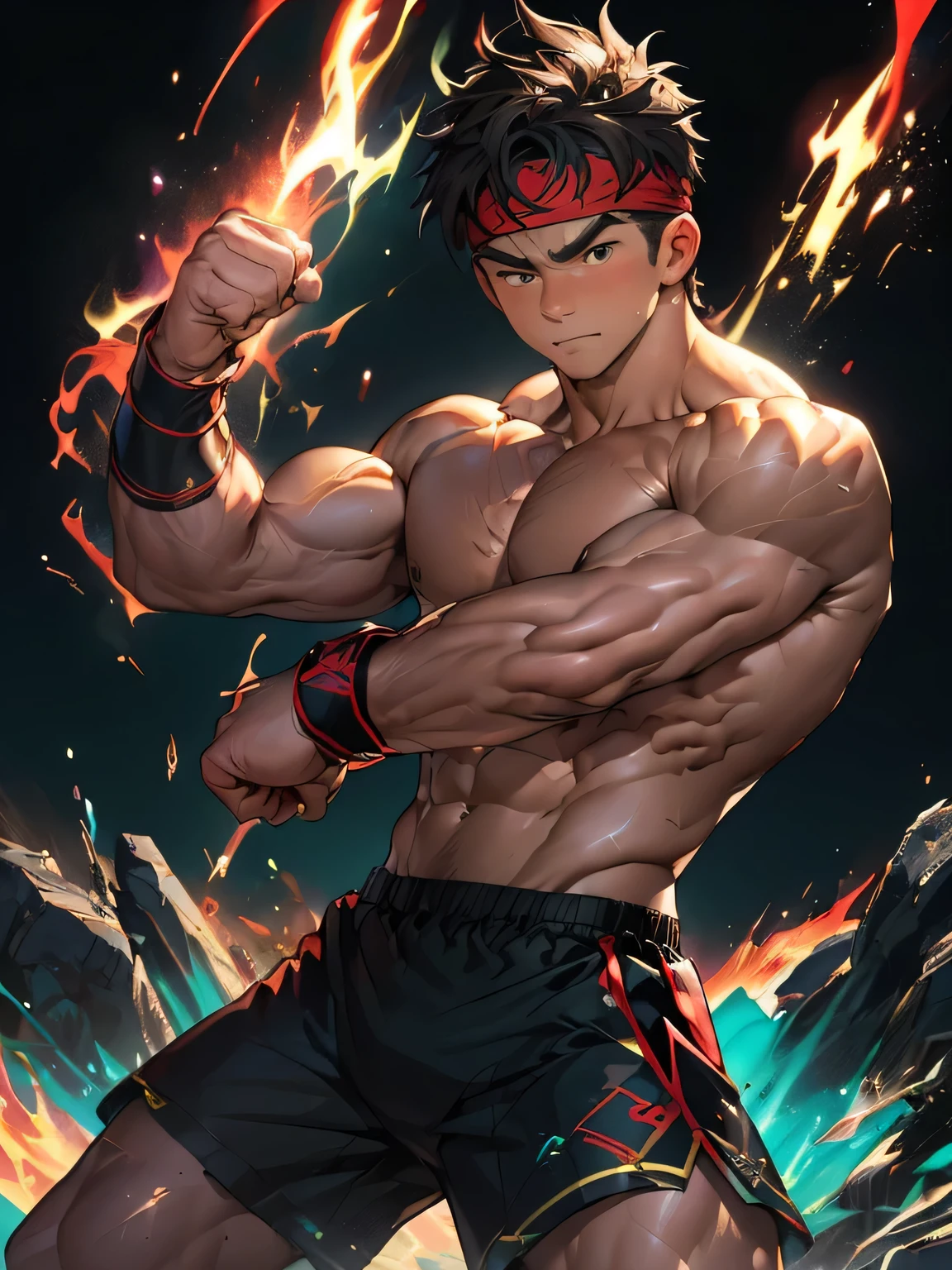 (Masterpiece, Best quality 19 year old boy, black background), solo, Young, boy, muscler, Shirtless, topless, (Dark Short straight hair, under cut, brown eyes), (red headband, ((black wristband))), Vivid colors, (hot Abs:1.2, abs!, big abs, big breast:1.2, chest!, muscler upper arms, clenched fist), (topless male), muscler!, muscler body, Man with martial arts stance, (aura power:1.4), detailed face, detailed muscle, (((A magical turquoise mystical aura, random fighting pose, powerful, action, rippling muscles, fighting with great fury against enemy, concentrate)))
