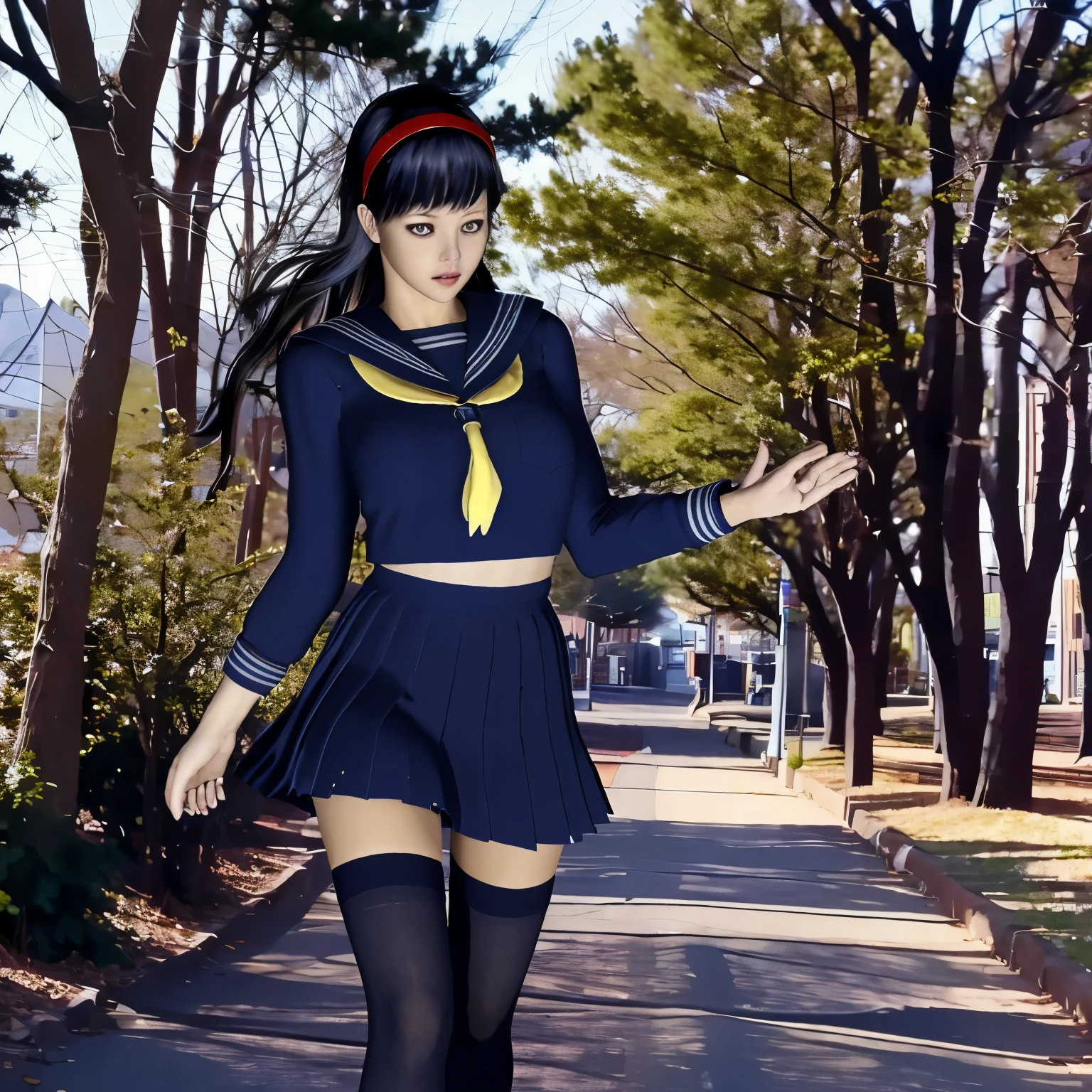 (8K, highest quality, masterpiece:1.2), (realistic, photo-realistic:1.37), Super detailed,highest quality, ultra high resolution, professional lighting, photon mapping, radio city, Physically based rendering, cinematic lighting, midnight road,Depth of written boundary, sharp focus, light, good composition,(beautiful thighs) 1 girl,alone,(whole body), ((high school girl sailor suit、navy knee socks)),fine and beautiful eyes, temporarily stop, tight waist,Japanese high school girl, black hair,messy hair,long hair fluttering in the wind,(Ulzzang-6500:1.2) mix 4,
