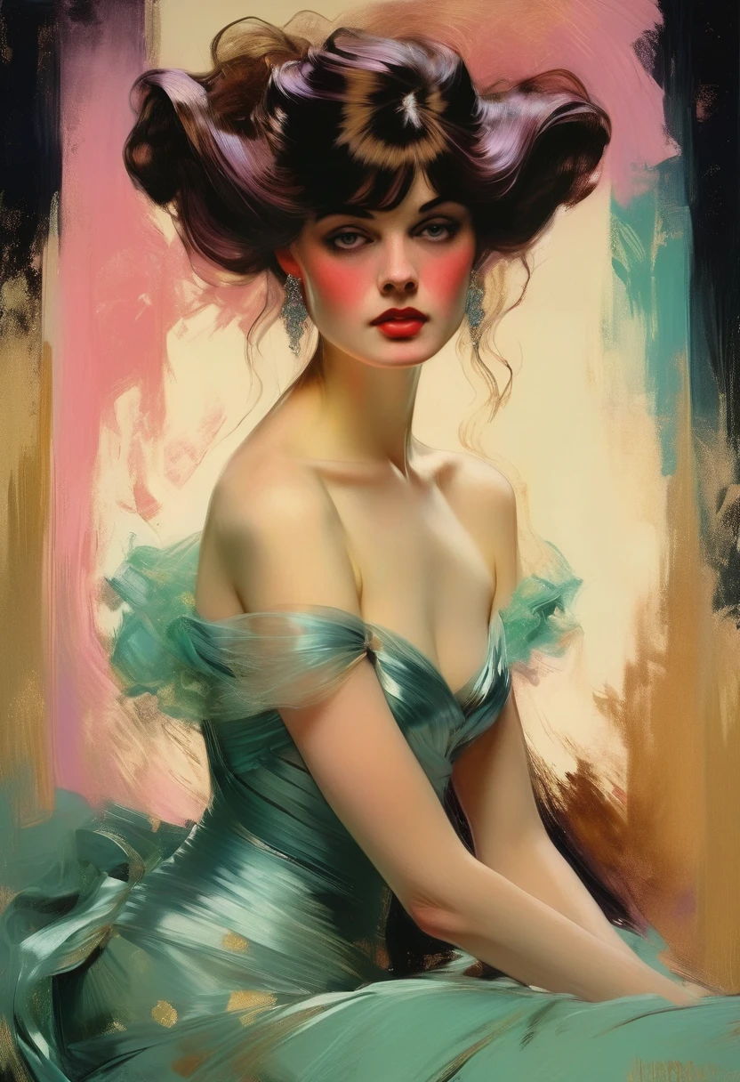 Create an evocative oil painting inspired by Malcolm Liepke, BDSM、(((black leather corset dress:1.4)))、(((The corset dress is decorated with beautiful lace.))), leopard print bikini, ((/microbikini/)), bare midriff, medium perfectly round breasts, cleavage, body, golden hour lighting, focus between legs,. Capture the intense, introspective expression of the young subject using thick, expressive brushstrokes and a muted color palette. Highlight the emotional depth and vulnerability in the subject's gaze, emphasizing the play of light and shadow on their face. Maintain a simple, textured background that complements the subject's contemplative presence. Focus on the tactile quality of the oil paint to convey the raw emotion and intimacy characteristic of Liepke's style.
