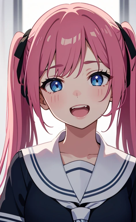 (​masterpiece、top-quality、8k size wallpaper、offcial art)、(face focus:1.8,portrait,upper body:1.6)、(1girl),(very loud laugh,Open mouth:1.3),(half closed eyes：1.5),cute face,blue eyes、twintails、
,(stand),
,(sexy body),(school uniform),(long fluorescence pink hair1.3), (small breasts)、
、fluorescence、classroom,JK、