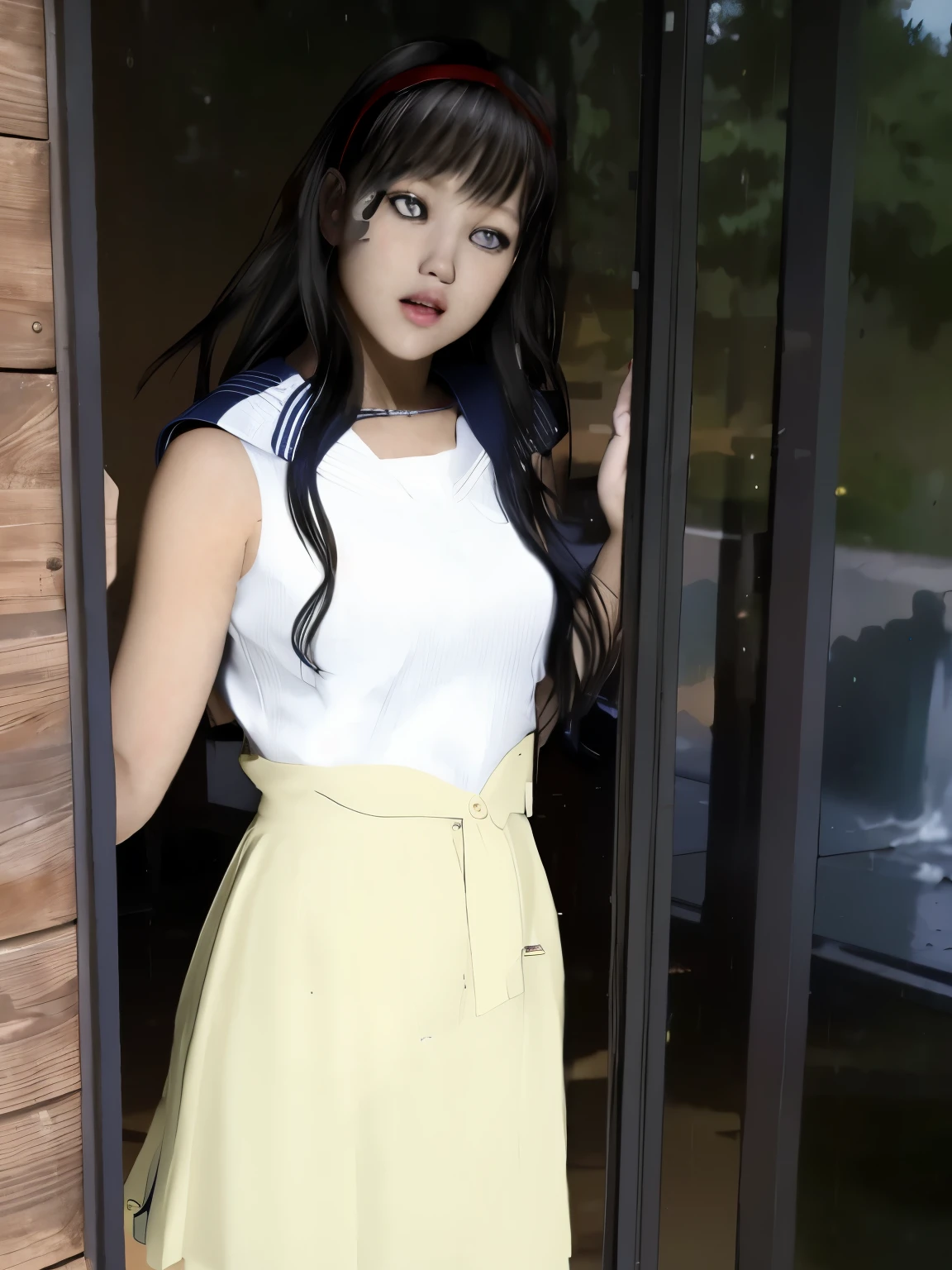(8K, highest quality, masterpiece:1.2), (realistic, photo-realistic:1.37), Super detailed,highest quality, ultra high resolution, professional lighting, photon mapping, radio city, Physically based rendering, cinematic lighting, midnight road,Depth of written boundary, sharp focus, light, good composition,(beautiful thighs) 1 girl,alone,(whole body), ((high school girl sailor suit、navy knee socks)),fine and beautiful eyes, temporarily stop, tight waist,Japanese high school girl, black hair,messy hair,long hair fluttering in the wind,(Ulzzang-6500:1.2) mix 4,