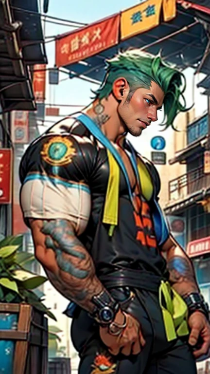dark_fantasy, cyberpunk, people,mechanical marvel, The presence, Cybernetic Guardians, Handsome HD super detail 8k green hair delicate face bare-chested barefoot mechanical city background