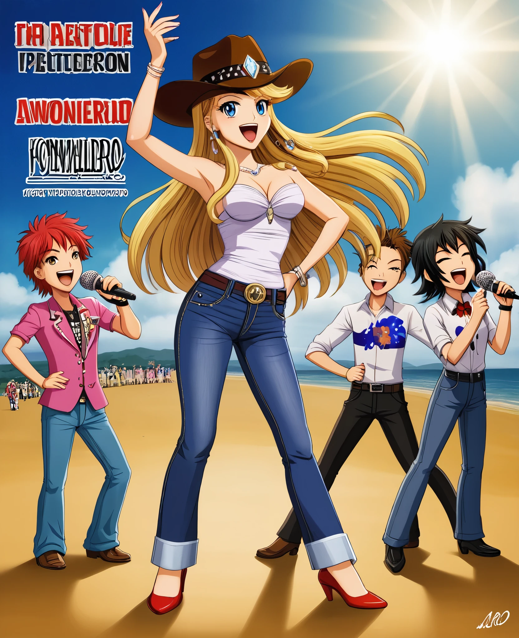 1 garota,Bowsete, retrato de meio corpo,filmagem, desenho animado,Poster,  drawing of a singing cowgirl - The cowgirl is wearing an elegant cowboy hat, com uma fita colorida ao redor.
- Ela usa um top xadrez e jeans com botas de cowboy.
- A cowgirl tem cabelos longos e pretos ondulados, and is holding a microphone while singing.
- Ao redor dela, there are some cacti and a clear sky with birds flying.
