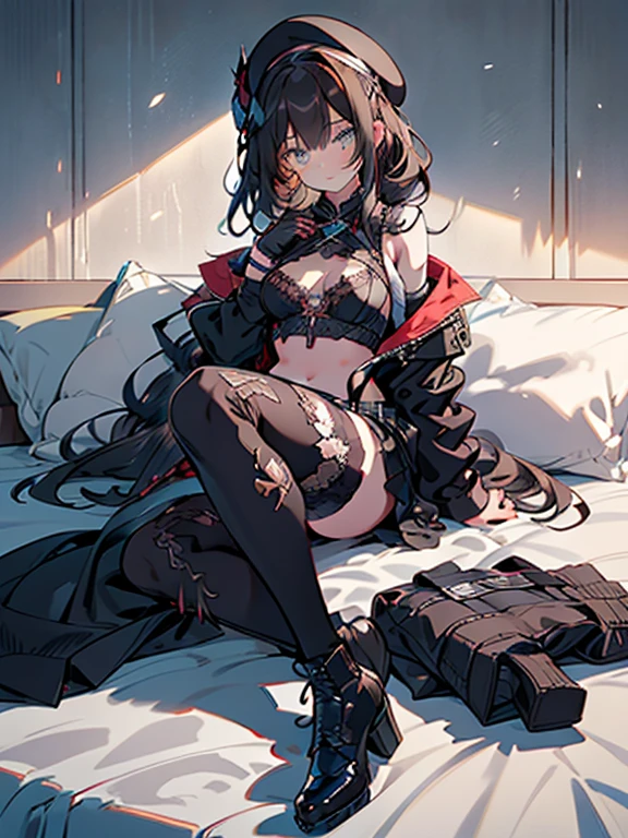 ubel,dark green hair,long hair,side ponytail,hair between eyes,bangs, (beret, black jacket, open clothes, cleavage, midriff, (Make the subject look three-dimensional with the contrast of light and shadow),Cute and beautiful 22yo girl,(masterpiece:1.2), best quality, high resolution, unity 8k wallpaper, (illustration:0.8), (beautiful detailed eyes:1.6), extremely detailed face, perfect lighting, extremely detailed CG, (perfect hands, perfect anatomy),(brown eyes: 1.1),Brown hair,watching at viewers,black suspenders,(Bulging ,big breasts:1.1),tacticul jacet,Black miniskirt,garters,Gaze,Small face,bangss,holster,Belt Armament,Beautuful Women srestrained,hands up,sitting Lying in bed,Leg holster ,Gaze,black boots,panty shot, extremely detailed face, perfect lighting, extremely detailed CG,