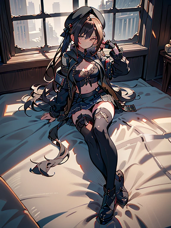 ubel,dark green hair,long hair,side ponytail,hair between eyes,bangs, (beret, black jacket, open clothes, cleavage, midriff, (Make the subject look three-dimensional with the contrast of light and shadow),Cute and beautiful 22yo girl,(masterpiece:1.2), best quality, high resolution, unity 8k wallpaper, (illustration:0.8), (beautiful detailed eyes:1.6), extremely detailed face, perfect lighting, extremely detailed CG, (perfect hands, perfect anatomy),(brown eyes: 1.1),Brown hair,watching at viewers,black suspenders,(Bulging ,big breasts:1.1),tacticul jacet,Black miniskirt,garters,Gaze,Small face,bangss,holster,Belt Armament,Beautuful Women srestrained,hands up,sitting Lying in bed,Leg holster ,Gaze,black boots,panty shot, extremely detailed face, perfect lighting, extremely detailed CG,