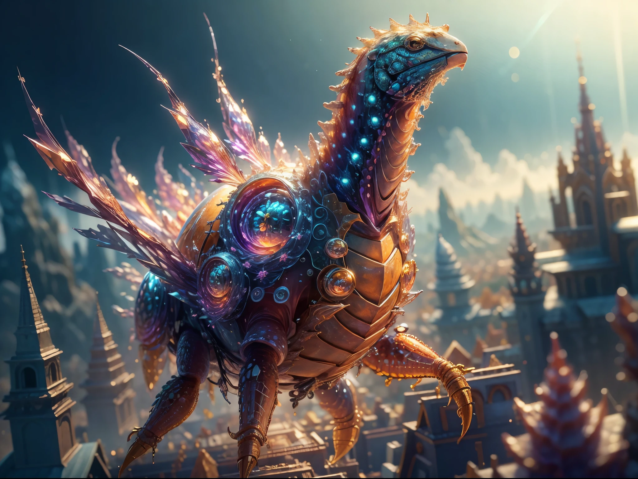 (masterpiece, highest quality, highest quality, Ultimate detail, best details, official art, beauty & aesthetics: 1.2), golden ratio, Full composition, official art, unity 8k wallpaper, Super detailed, beautiful, (fractal art: 1.4), A high school girl is ridingd tortoise, Fly over the town, full body, crystallizationlineAI, from below, splash,crystallization,rainbow
