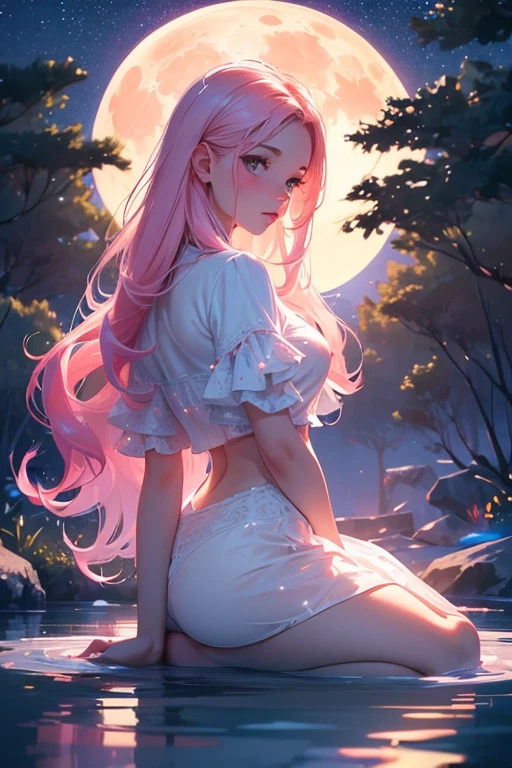 (1 girl, One, One), (Pin up, , Yad_long_hair_Aiwaifu, Yad_long_hair_Aiwaifu, spiky hair, It has, big hair, Very_long_hair, pink hair, pink_hair, big_hair), ((One, (1 woman, pink lipstick), extremely detailed , soft ambient lighting, 4K, Perfect eyes, perfect face, perfect lighting, 1 girl)), ((fitness, , slender body, athletic body, Toned body)) , , ((long dress, white transparent dress,  fits tightly to the body,windblown dress, ((оглYadываясь назад, high heels, Walking on the water)), lake, the forest, sunset))