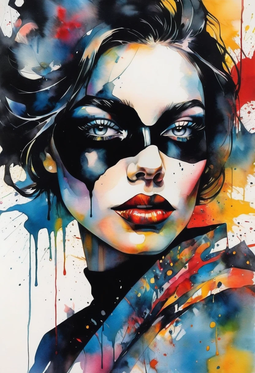painting of a woman with a black and white face, Sylvia Pelissero watercolors, tumbler, abstract art, Intense watercolor painting, watercolor detailed art, Watercolor Splash, surreal, Avant-garde pop art, Beautiful and expressive paintings, Beautiful artwork illustration, very colorful tones, wonderful, cool beauty, highest quality,official art, women only, sharp outline, best shot, vector art, Written by Sandra Chevrier, Dave McKean、by Richard Avedon、Written by Makiezi Kusiala