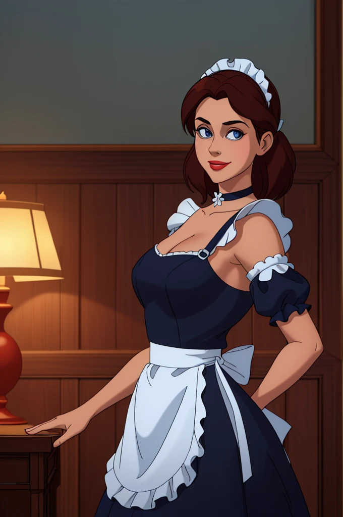 A pretty maid. best quality, masterpiece, Auburn hair, sky blue eyes, wearing a steriotypical French maid outfit, (headdress、white blouse、black ribbon、White Apron、ruffle skirt、puff sleeves、collar、choker、apron with fine ruffles：1.3)、black maid costume). looking up, upper body,hair strand,Fair skin, Large chest,. Adorable, mature Woman,detailed big-eyed woman, round face. promenent red lips. Smileing,In the mansion library, large ass, Picture from the side,looking at the scenes, intense colors, Very valuable details, complex details, volumetric lighting, digital art, 8k, trending on Artstation, Clear focus, complex details, highly detail, Greg Rutkowski Big Eyes, high-resolution, Auburn hair. Alison Brie., attractive chest, .Photorealistic. Confidence, self esteem, assertiveness, dominance. wide Amused smile. ecstastic expression. Sultry, Cleavage.
