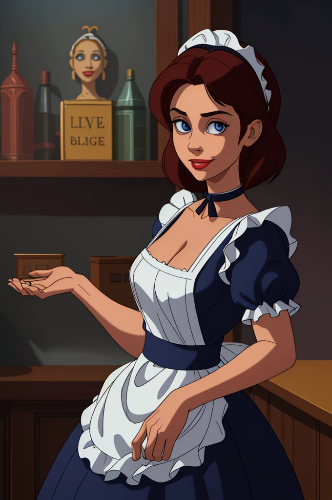 A pretty maid. best quality, masterpiece, Auburn hair, sky blue eyes, wearing a steriotypical French maid outfit, (headdress、white blouse、black ribbon、White Apron、ruffle skirt、puff sleeves、collar、choker、apron with fine ruffles：1.3)、black maid costume). looking up, upper body,hair strand,Fair skin, Large chest,. Adorable, mature Woman,detailed big-eyed woman, round face. promenent red lips. Smileing,In the mansion library, large ass, Picture from the side,looking at the scenes, intense colors, Very valuable details, complex details, volumetric lighting, digital art, 8k, trending on Artstation, Clear focus, complex details, highly detail, Greg Rutkowski Big Eyes, high-resolution, Auburn hair. Alison Brie., attractive chest, .Photorealistic. Confidence, self esteem, assertiveness, dominance. wide Amused smile. ecstastic expression. Sultry, Cleavage.
