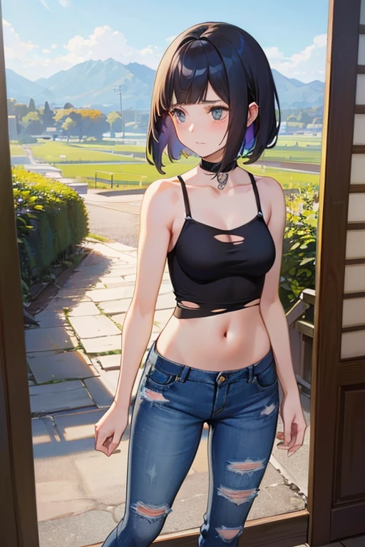 ((best quality)), ((masterpiece)), ((detailed)), (((perfect face))), (((slender 18yo age girl))), ((((medium breasts)))), ((((topless)))), ((((black shorts)))), ((dark brown hair)), ((short ponytail)), (((blue eyes))), ((shy:1.3)), ((blushing:1.5)), (((bare chest))), ((bare stomach)), ((bare shoulders)), (((bare arms))), (((walking))), ((((fancy café, windows)))), (((walking))), (((shy arms))), (((looking at viewer))), (((open front door))), ((((detailed background))))