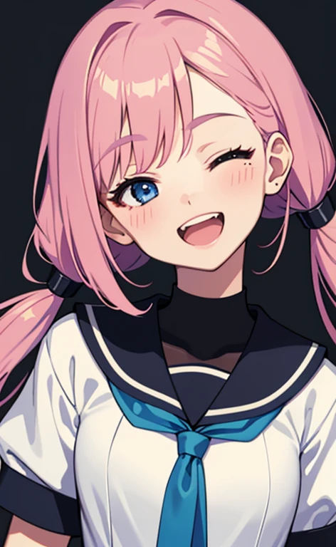 (masterpiece、top-quality、8k size wallpaper、offcial art)、(face focus:1.8,portrait,upper body:1.6)、(1girl),(very loud laugh,Open mouth:1.3),(one eye closed:1.5),cute face,blue eyes、twintails、
,(stand),
,(sexy body),(school uniform),(long fluorescence pink hair1.3), (small breasts)、
、fluorescence、classroom,JK、