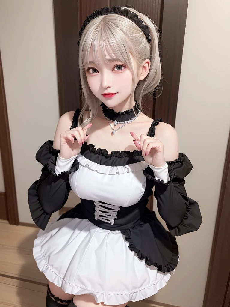 (8K, Photorealistic, Raw photo, of the highest quality: 1.3), (1girl in), Super beautiful, (Realistic face), (boyish, Silver Color Berry Shorthair), Beautiful , Glare that captivates the viewer, Beautiful expression, Beautiful breasts, (Realistic skin), Be...Super high quality, super high definition, super detailed, masterpiece, 20years old, female, cute, perfect face, beautiful, gothic lolita clothes, gothic lolita fashion, frilly skirt, headdress, necklace, bracelet, knee-high socks, boots, double eyelids, tear bags, Detailed down to the fingers, photo-like description, indoors, dim indoor lighting, blonde hair, pony tail, standing, whole body, composition that shows the whole body, smiling,Optimal ratio of 4 fingers and 1 thumb