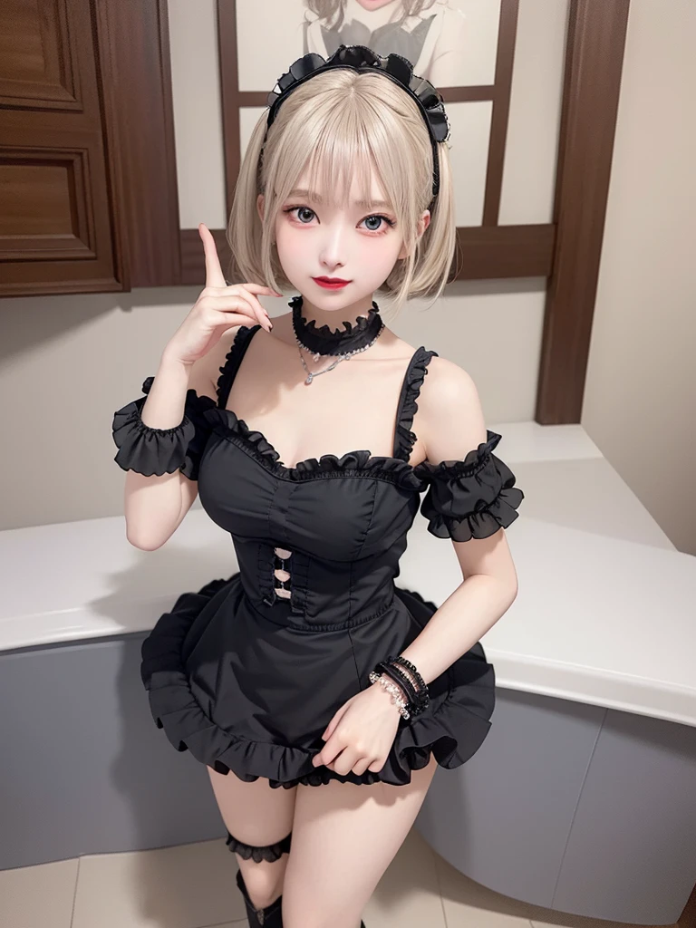 (8K, Photorealistic, Raw photo, of the highest quality: 1.3), (1girl in), Super beautiful, (Realistic face), (boyish, Silver Color Berry Shorthair), Beautiful , Glare that captivates the viewer, Beautiful expression, Beautiful breasts, (Realistic skin), Be...Super high quality, super high definition, super detailed, masterpiece, 20years old, female, cute, perfect face, beautiful, gothic lolita clothes, gothic lolita fashion, frilly skirt, headdress, necklace, bracelet, knee-high socks, boots, double eyelids, tear bags, Detailed down to the fingers, photo-like description, indoors, dim indoor lighting, blonde hair, pony tail, standing, whole body, composition that shows the whole body, smiling,Optimal ratio of 4 fingers and 1 thumb