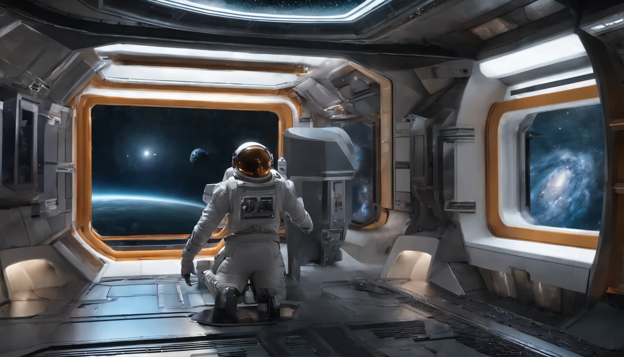 The Starspace Station has a wide field of view at 2350，There are a lot of realistic photos with clean and detailed backgrounds, Laborers in spacesuits are guarded and supervised by robotic cyborgs (armed)