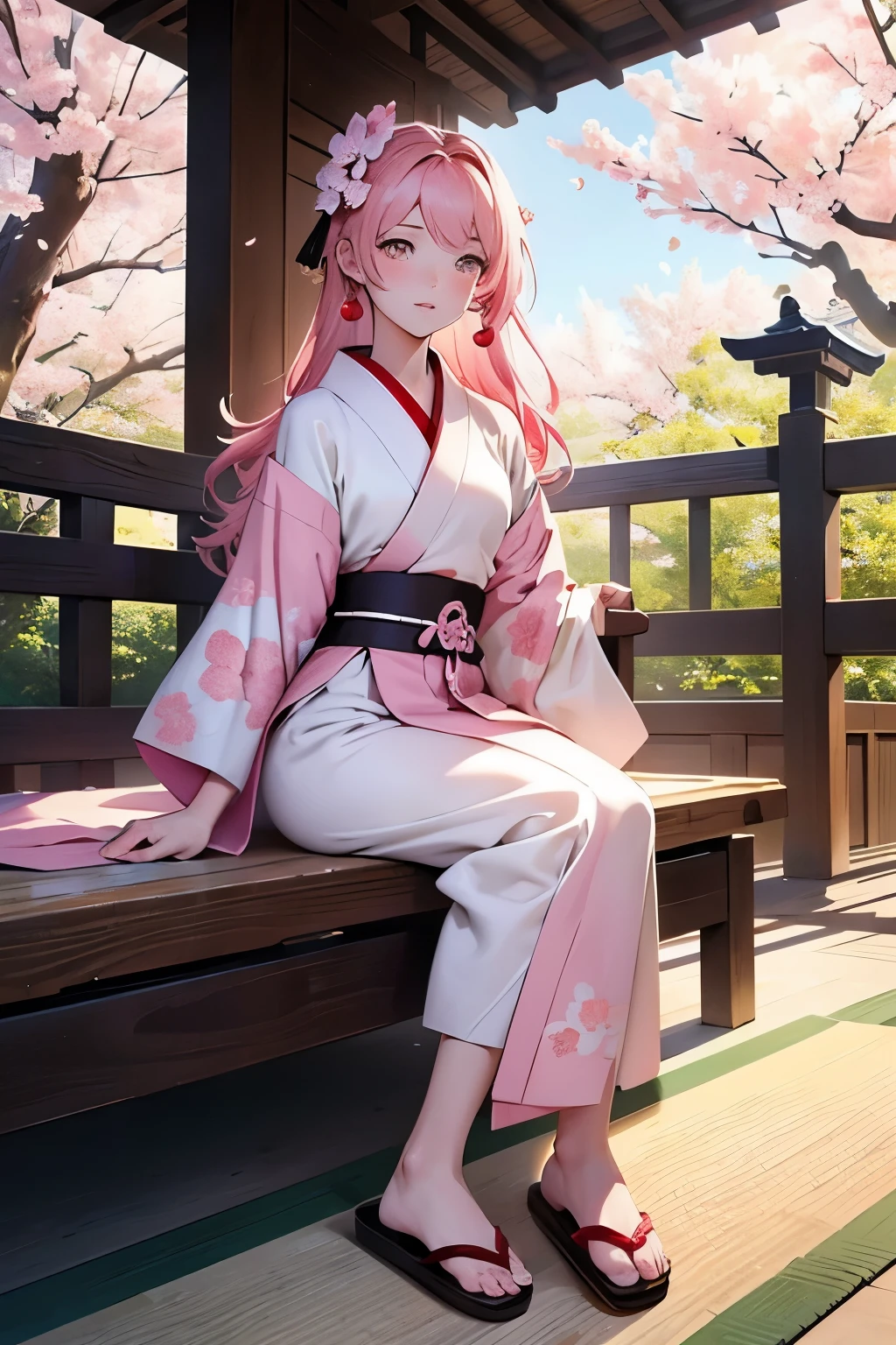 Best Quality, high resolution (8K), Masterpiece:1.2, Pink-haired, white-skinned Heian-era peasant woman, Traditional Japanese attire, Kimono with vibrant floral patterns, Elaborate Obi belt, Intricate hair accessories, Traditional wooden sandals, Sitting gracefully on a tatami mat, Calm and serene expression, Delicate features, Pale complexion, Smooth and flawless skin, Almond-shaped eyes, Captivating gaze, Soft pink lips, Graceful posture, Surrounding cherry blossom trees, Soft sunlight filtering through the branches, Peaceful and tranquil ambiance