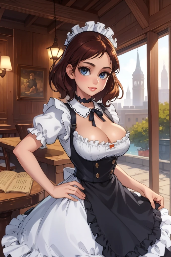 A pretty maid. best quality, masterpiece, Auburn hair, sky blue eyes, wearing a steriotypical French maid outfit, (headdress、white blouse、black ribbon、White Apron、ruffle skirt、puff sleeves、collar、choker、apron with fine ruffles:1.3)、black maid costume). looking up, upper body,hair strand,Fair skin, Large chest,. Adorable, mature Woman,detailed big-eyed woman, round face. promenent red lips. Smileing,In the mansion library, large ass, Picture from the side,looking at the scenes, intense colors, Very valuable details, complex details, volumetric lighting, digital art, 8k, trending on Artstation, Clear focus, complex details, highly detail, Greg Rutkowski Big Eyes, high-resolution, Auburn hair. Alison Brie., attractive chest, .Photorealistic. Confidence, self esteem, assertiveness, dominance. wide Amused smile. ecstastic expression. Sultry, Cleavage.