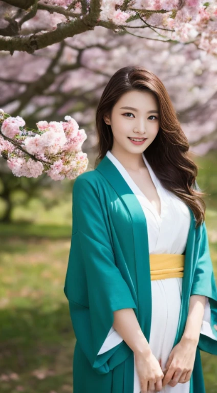 Cherry tree、Colorful kimono、open chest、I'm not wearing anything inside、full body shot、NiziUAYAKA、 4K、1people's women、slender、 Loose wavy styling 、seductive and attractive、Including face and skin texture.,detailed eyes、A soothing expression with a smile