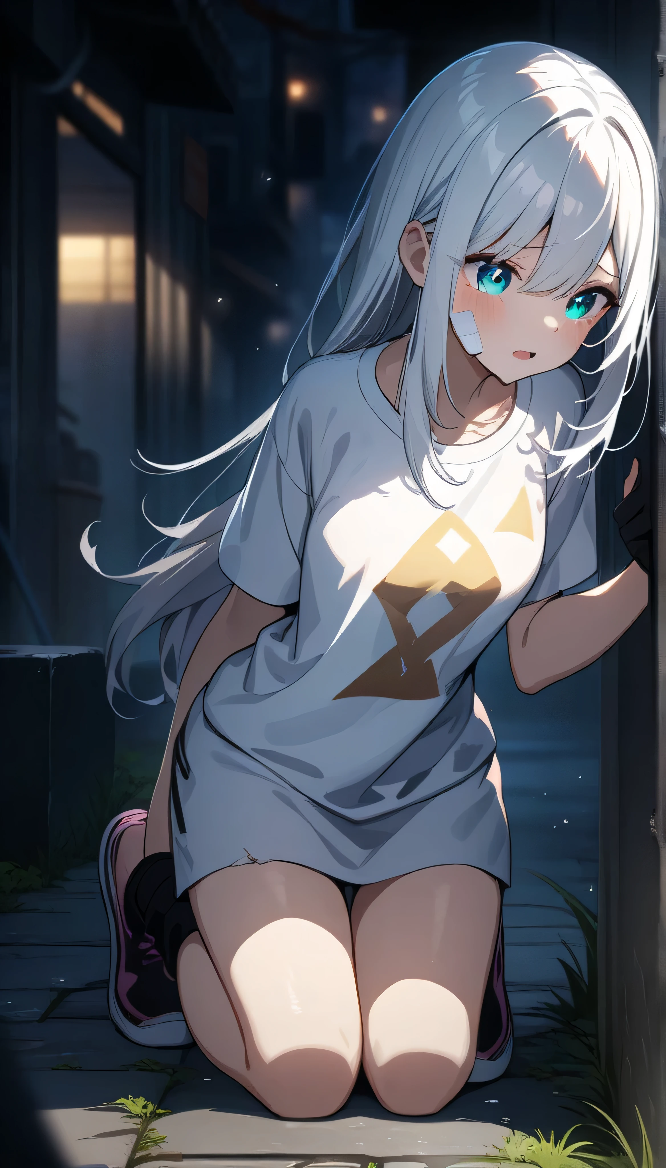 dark theme. full resolution. masterpiece. Full HD. very detailed. very detailed eyes. best quality. 1girl. young girl. very beautiful and cute girl. thin body. poor girl. longhair. white hair. charming bright aqua eyes. breasts. dirty t-shirt. White oversized T-shirt. kneel . tears. bandage on face. in a slum city alley. depth of field. best rendered CG