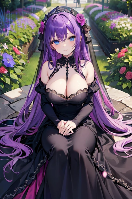 (masterpiece), best quality, expressive eyes, perfect face, long purple hair , blue eyes,big breasts ,graceful, charming ,(black wedding dress), (stand or sit in a garden of colored flowers ), (smiles mischievously),pink skin