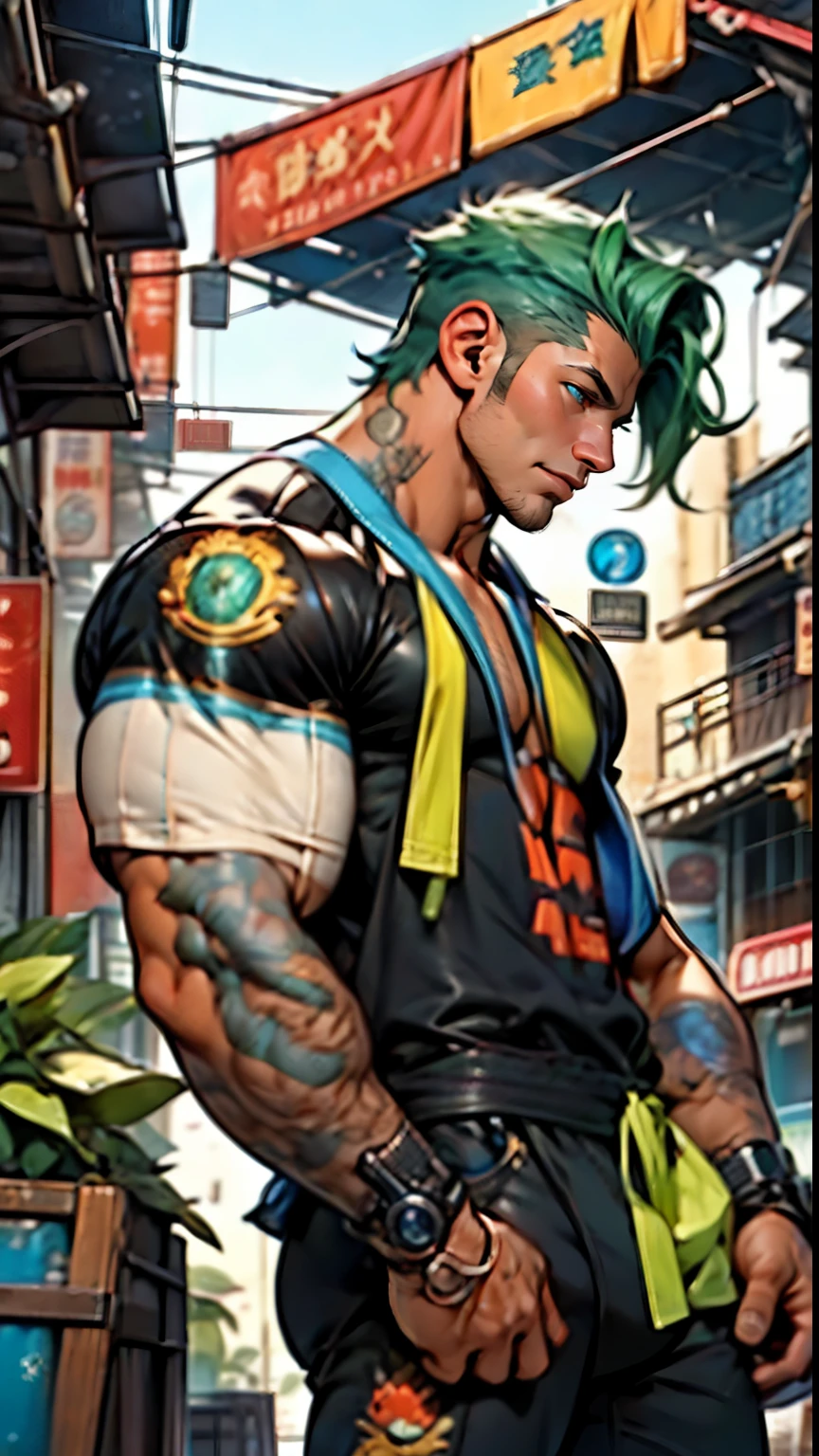 dark_fantasy, cyberpunk, people,mechanical marvel, The presence, Cybernetic Guardians, Handsome HD super detail 8k green hair delicate face bare-chested barefoot mechanical city background