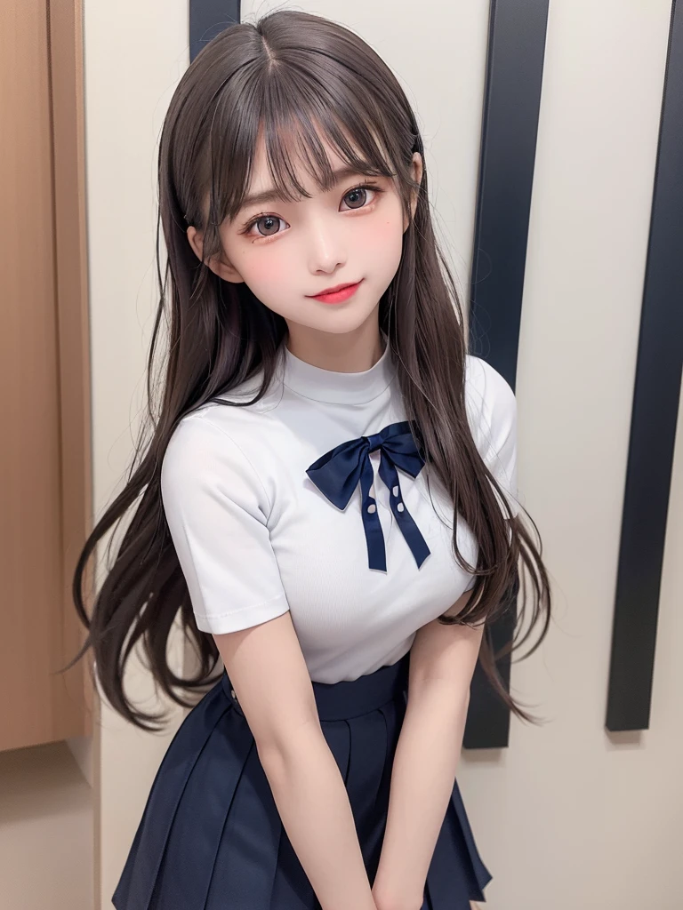 (8K, Photorealistic, Raw photo, of the highest quality: 1.3), (1girl in), Super beautiful, (Realistic face), (boyish, Silver Color Berry Shorthair), Beautiful , Glare that captivates the viewer, Beautiful expression, Beautiful breasts, (Realistic skin), Be...Super high quality, super high definition, super detailed, masterpiece, “The thought of Aoyama, a 17-year-old high school girl with light brown long hair tied up high with a barrette. She wears a navy blue sailor and a navy blue skirt uniform with a red ribbon, white loose socks, loafers, has big eyes, and is a beautiful girl.”standing, whole body, composition that shows the whole body, smiling