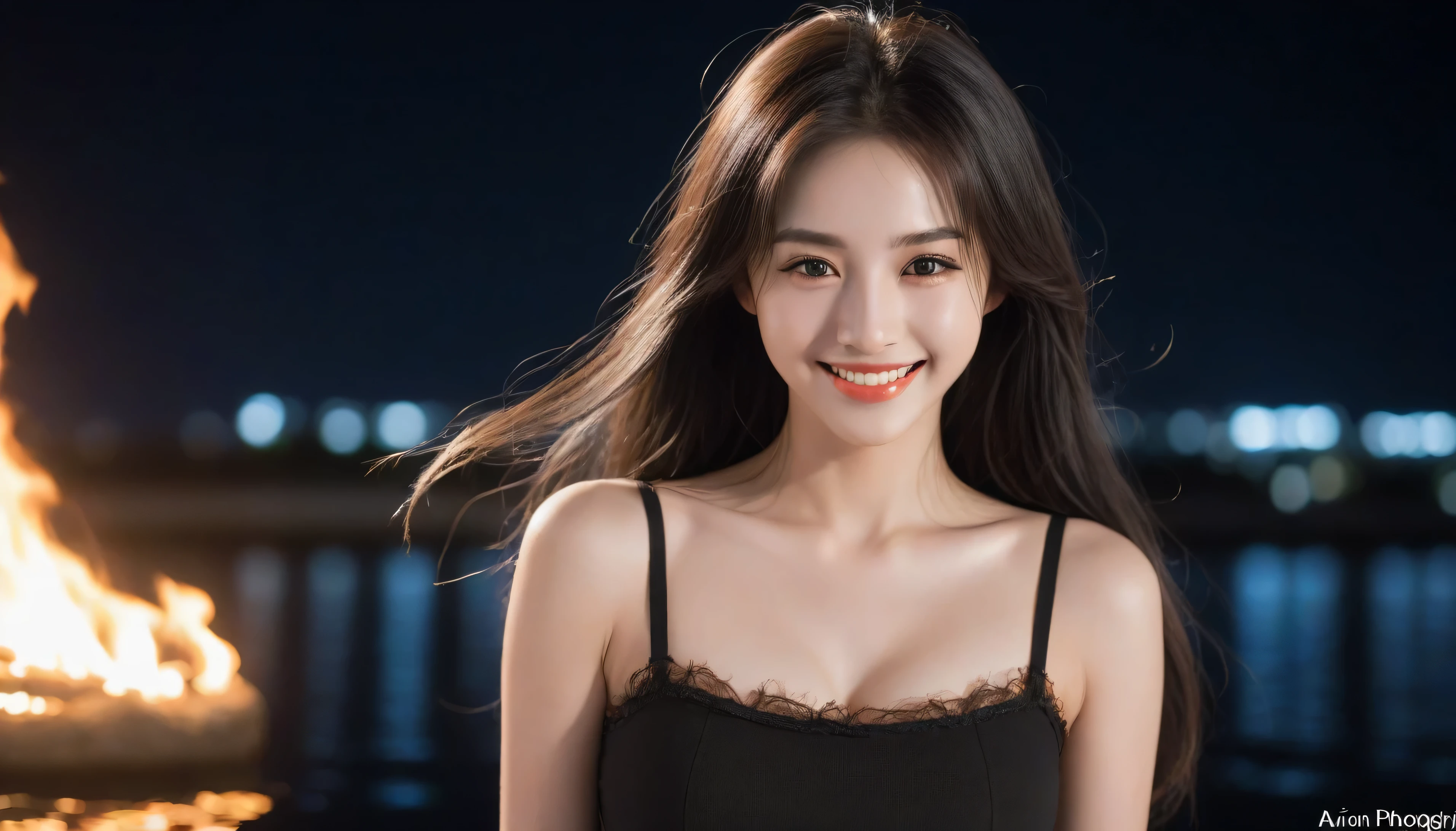 Arion Photography,1 girl,alone,Smile,long hair,black hair,looking at the audience,actual,vague,vague background,teeth,black eyes,fire,watermark,Grinning,Upper body,brown eyes,messy hair,lips,open mouth,web adskirt,brown hair,bare shoulders,skirt,night,outdoor