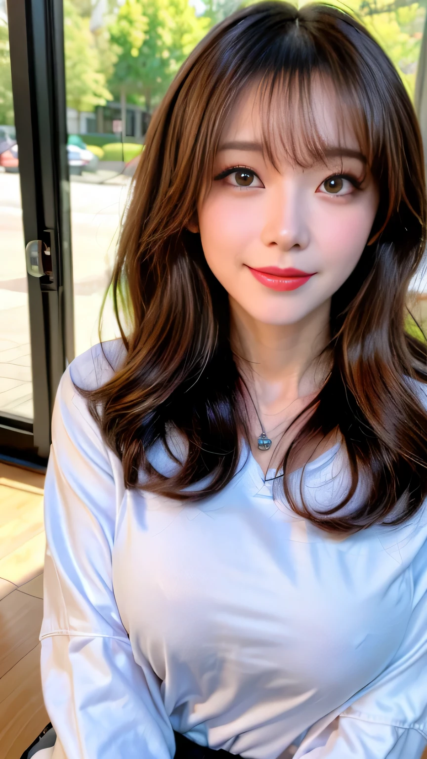 ((highest quality, 8K, masterpiece: 1.3)), concentrated: 1.2, cute girl 1,nipples erect、Braless walk、 perfect beauty: 1.4,hoodie: 1.2,long sleeve、randal color、comics＆Text Graphics、Black ruffle-trimmed drawstring zip blouse,1.1, Highly detailed face and skin textures, fine eyes, double eyelid, whitening skin, ,highest quality,ultra high resolution,you,1 girl,alone,_shiny_skin,black eye,necklace,((Brown_length_wavy_hair)),(lips)),eyelash,front hair,deal with,compensate,shiny,pore,skin texture,big breasts、smiling face、living、