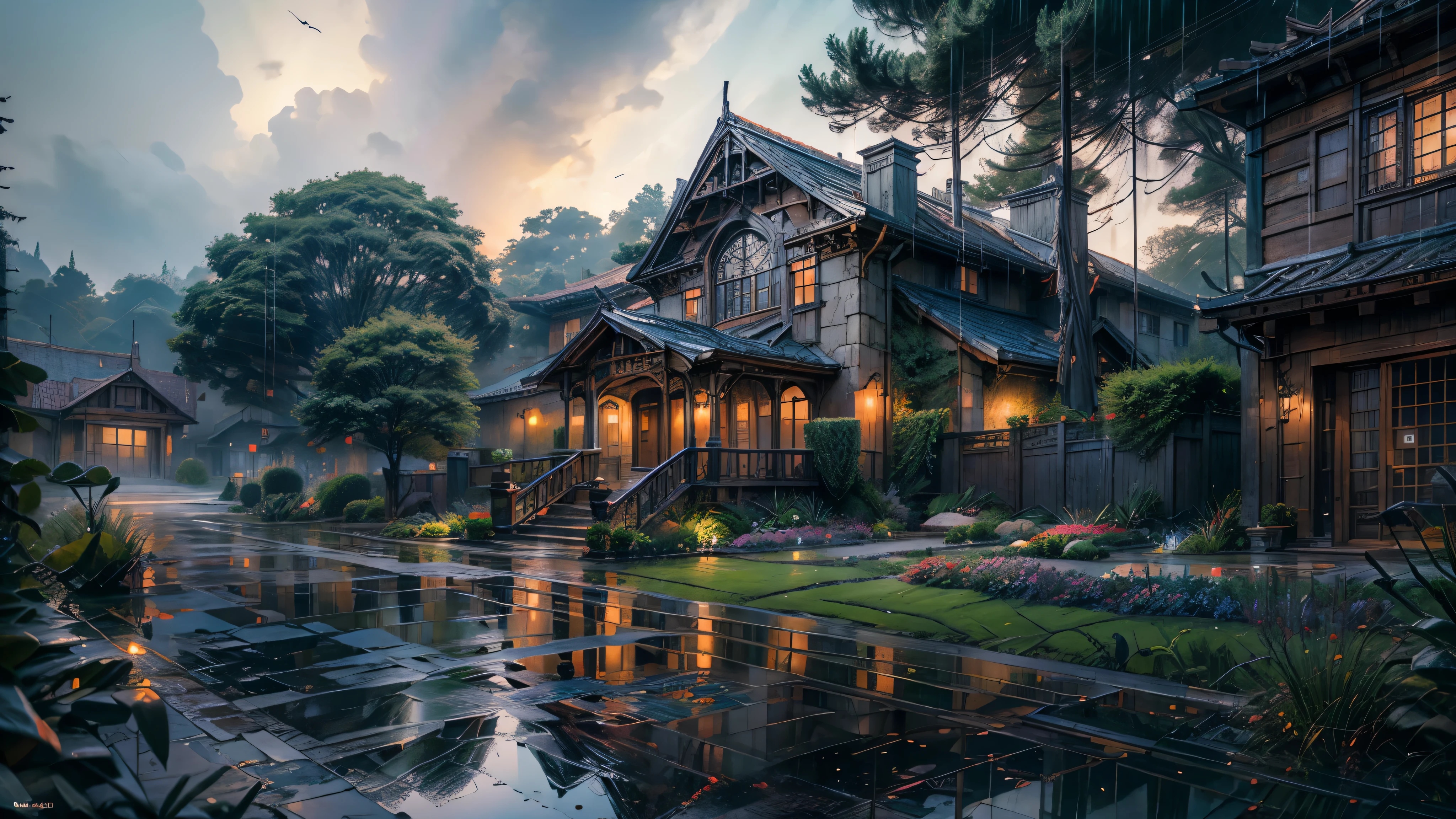 western school, running field in front, rain, downpour, wide entrance, beautiful light, cinematic light, reflections, mystery atmosphere, view from the entrace, garden on the sides of school, wide shot, UHD, highres, 4K, high details, super detail, masterpiece, best quality