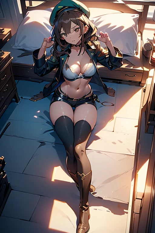 ubel,dark green hair,long hair,side ponytail,hair between eyes,bangs, (beret, black jacket, open clothes, cleavage, midriff, (Make the subject look three-dimensional with the contrast of light and shadow),Cute and beautiful 22yo girl,(masterpiece:1.2), best quality, high resolution, unity 8k wallpaper, (illustration:0.8), (beautiful detailed eyes:1.6), extremely detailed face, perfect lighting, extremely detailed CG, (perfect hands, perfect anatomy),(brown eyes: 1.1),Brown hair,watching at viewers,black suspenders,(Bulging ,big breasts:1.1),tacticul jacet,Black miniskirt,garters,Gaze,Small face,bangss,holster,Belt Armament,Beautuful Women srestrained,hands up,sitting Lying in bed,Leg holster ,Gaze,black boots,panty shot, extremely detailed face, perfect lighting, extremely detailed CG,