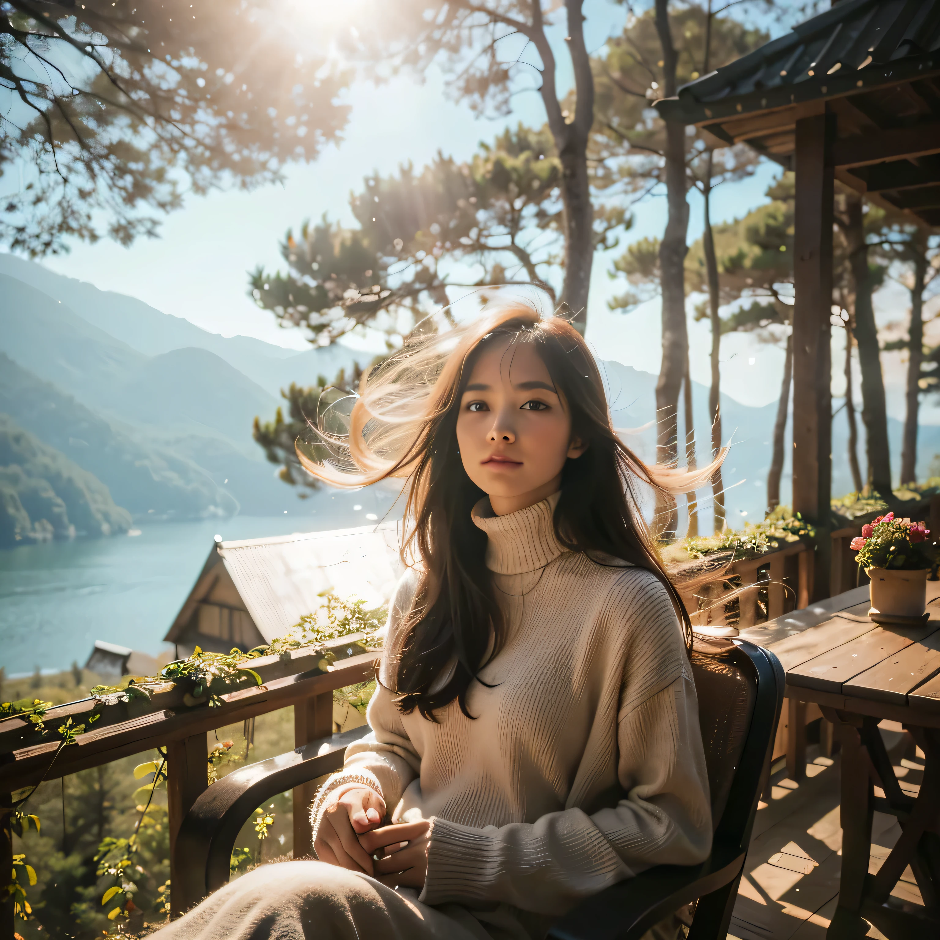 gnerate img , pictorialist style , dreamy , 20s Indonesian beauty woman with long hair flaps style , sitting on a chair in sitting on the rooftop of a pine forest mountain villa , in a breezy spring day , wearing turtleneck sweater . Bright sunlight streams between the trees delicate vines, casting wavering shadows on the woman's face . serene a pine forest mountain view , with the lake visible from a distance , enjoying the warm sunshine around her and the light breeze ruffling her hair, golden hour , sharp focus , graceful smile , graceful pose , high-quality , exotic , vibrant, tranquil , shot on Canon EOS 6D Mark III , skin texture , detailed face  ,ultra detailed background , hight resolution