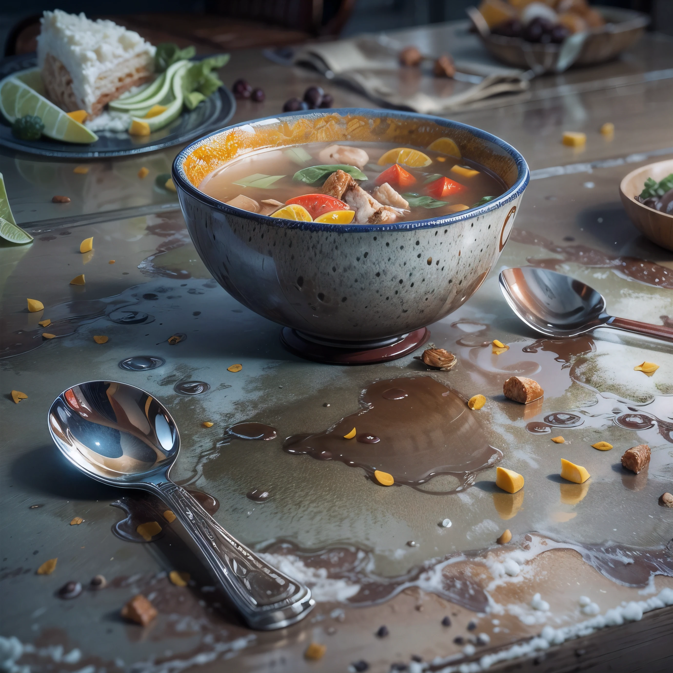 (masterpiece,best quality,ultra-detailed), award winning, ccurate, UHD, textured skin, chromatic aberration, Fujicolor, the chicken soup on concrete table, inside fortless, silver spoon, World War II, winter