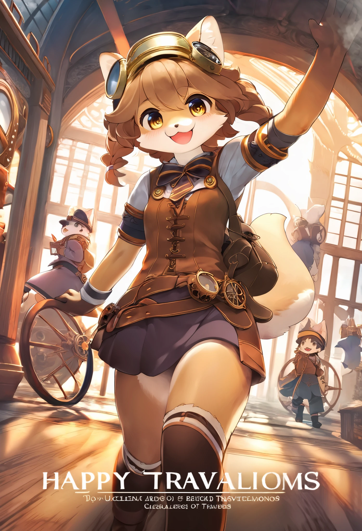 cover_page, highres, top quality, best quality, paid reward available, High-quality illustrations, unparalleled masterpiece, perfect artwork, absurdres, super high resolution, detailed background, Steam punk, Beautiful World Heritage, 6+boys, 6+girls, Happy, joyful(Photos of solo travelers)(kemono, furry anthro)cinematic lighting, dynamic angle,
