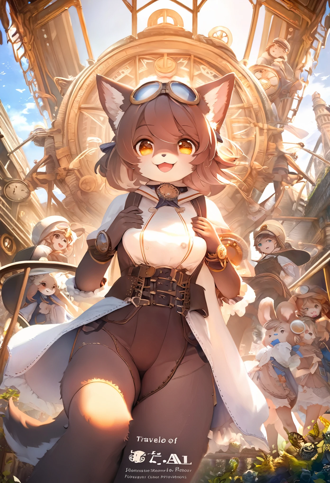 cover_page, highres, top quality, best quality, paid reward available, High-quality illustrations, unparalleled masterpiece, perfect artwork, absurdres, super high resolution, detailed background, Steam punk, Beautiful World Heritage, 6+boys, 6+girls, Happy, joyful(Photos of solo travelers)(kemono, furry anthro)cinematic lighting, dynamic angle,
