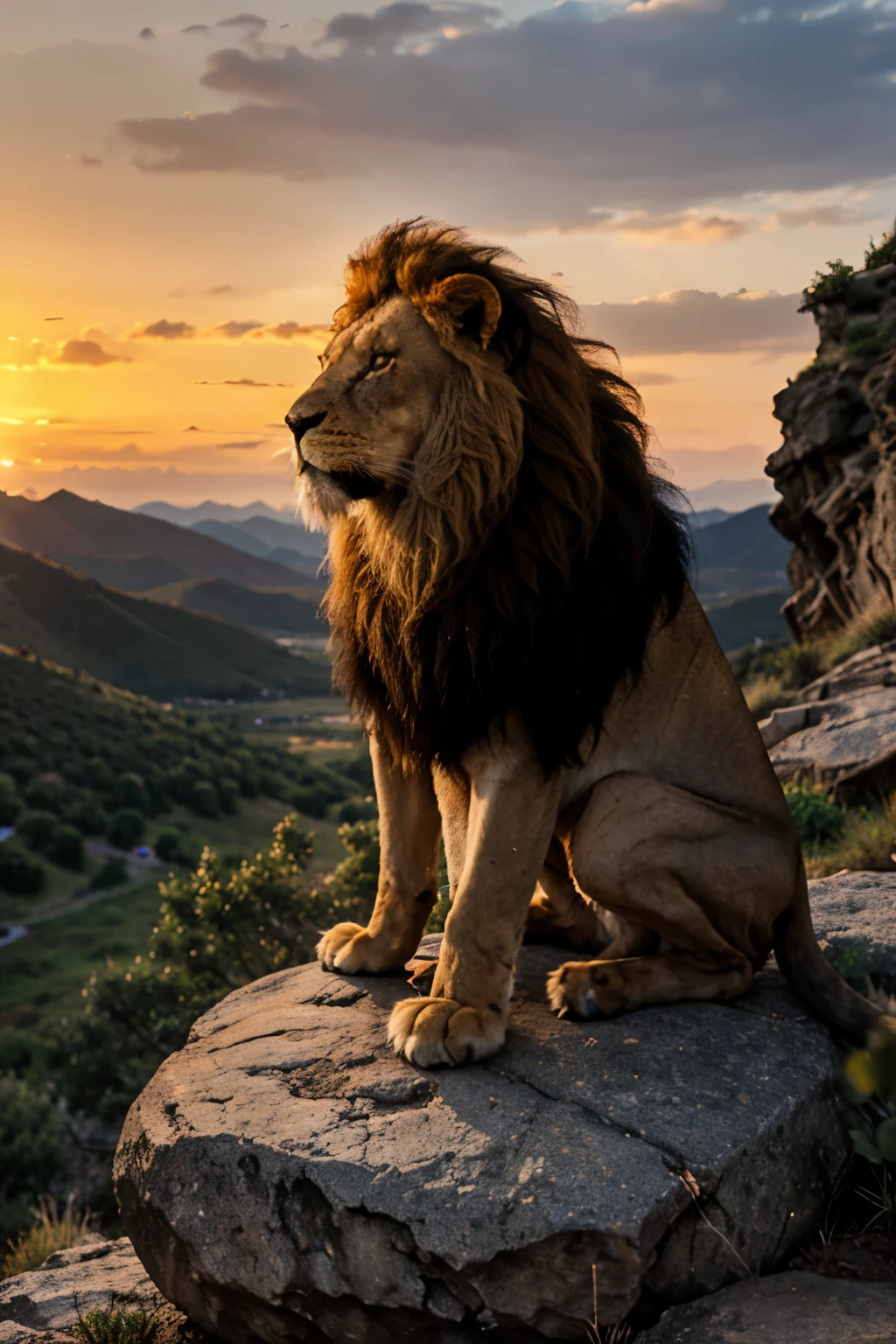 lion on a rock in the mountains watching the sunset