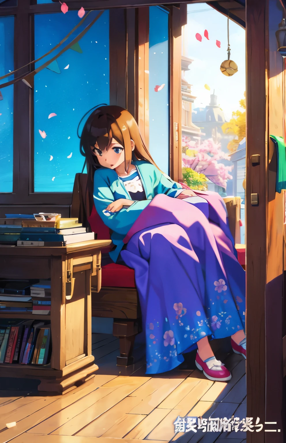 High quality portraits、highest quality、masterpiece、detailed details、Sparrow door lock、Makoto Shinkai's new animation to be released in 2025、Movie pamphlet cover illustration、Background landscape drawing Character design、Cherry blossom background