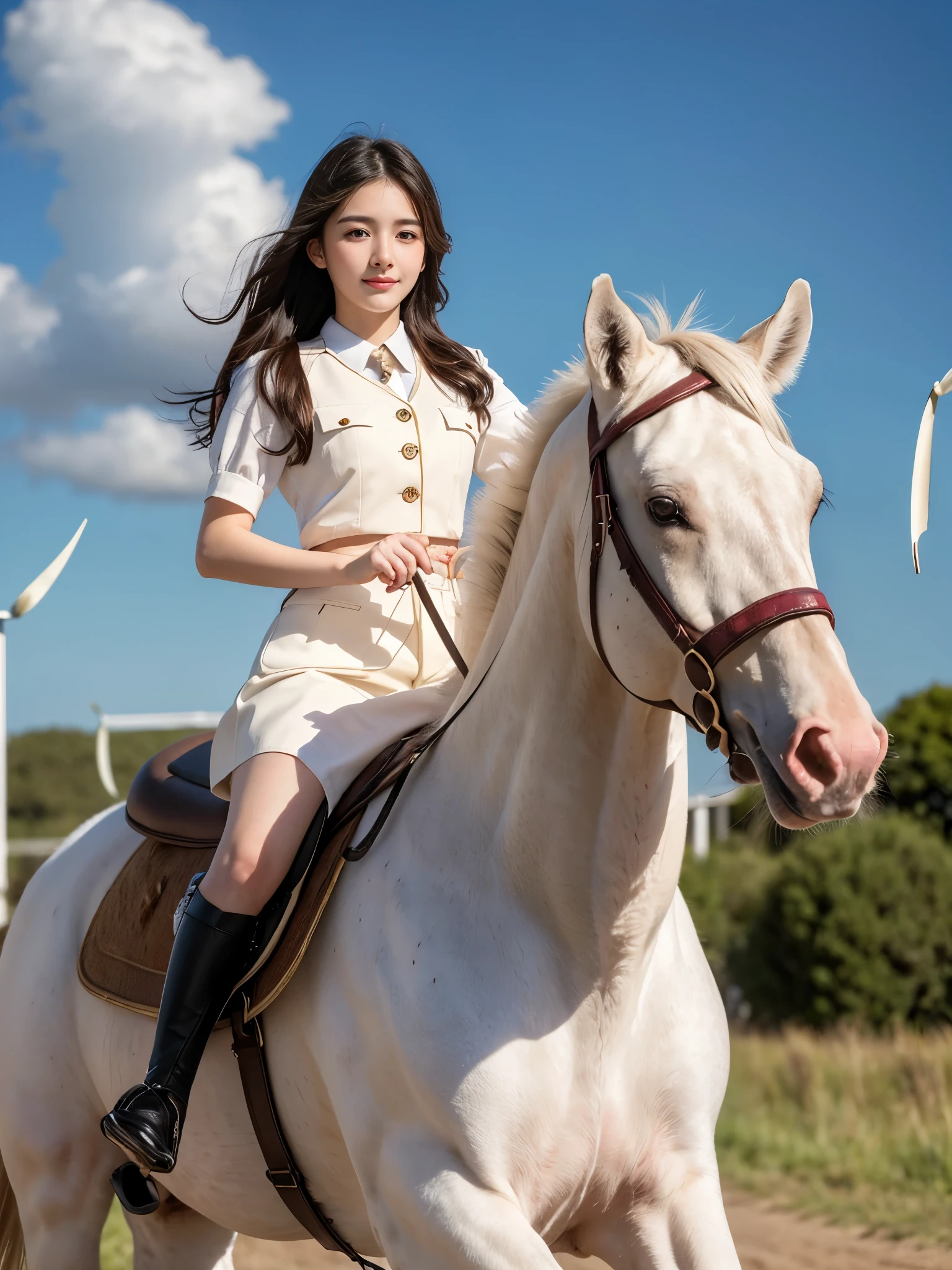 best quality, realistically, super detailed, detailed pubic hair, High resolution, 8k wallpaper, 1 Girl, Beautiful, Baby Face, 20 Years Old, White Skin, Animal Handler Outfit, Riding a Beast Animal,Blurred Background, ((adorable:1.3)), ((masterpiece:1.1)), ((wind:1.3))