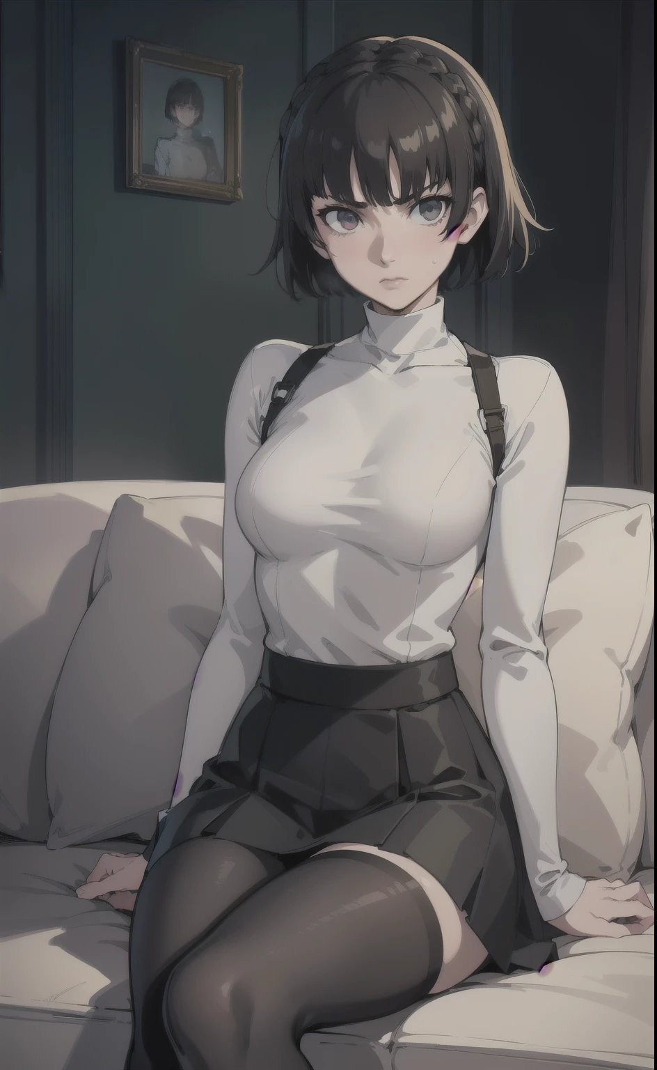 { masterpiece : best quality : high resolution : unity 8k wallpaper : illustration } { Background = inside a creepy room } { Makoto Niijima : short hair : braided around top hair : perfect fit body : perfect small shape breast : serious : sweating : white long sleeves turtleneck shirt and black skirt : sitting on sofa }