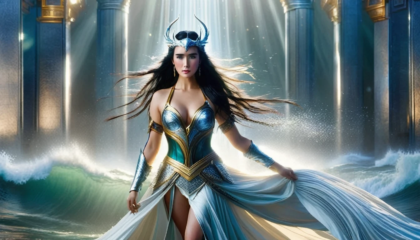 ((Jennifer Connelly, (22 anos), de corpo inteiro), The skirt is long to the floor)), usando vestido longo Amarelo Escuro, usando uma coroa e segurando uma espada, um anjo majestoso de corpo inteiro, uma linda maga celestial, inspirado em Lan Ying, uma fada de corpo inteiro, Mu Yanling, a rainha do mar, the mysterious Valkyrie Atlantis, Hirase Jinyao, inspirado em Ju Lian, modelo IG |Artgerm, like a mysterious Valkyrie.
