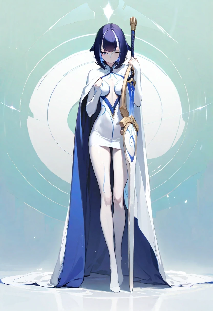 ((shylily)), (Golden ratio:1.2),[(Celadon background:1.4)::10],(Masterpiece), (Best quality), (Ultra detailed),(Disheveled hair),(illustration),1 girl,Solo,full body,Elongated eyes,Light eye shadow,,crossed bangs,The sea covers one eye,((Asymmetric haze)),long eyelasher,(Tall body),(Slender legs),The height of the leg is half that of the leg,((/emotive:1.3))/,No blush,Pale skin,(++Anti-string:1.2++),(/Black men's suit:1.3)/+(Cloak in Phnom Penh:1.3)+(White cape coat:1.4),The lower half of the face is covered with a white scarf,((In his left hand he holds a chain sword)),The black sword body reflected silver light,As the chain sword swings, a black tide appears,(Hanging blades/(Chain Sword)/:1.3),(atheletic body:1.2),(Standing in the silver snow:1.2)+(Ivory white temple load-bearing columns:1.3)+[(Inception:1.2)],The action of drawing the sword like a swordsman,hyper HD, retinas, Anatomically correct, Textured skin, Super detail, Best quality, A high resolution