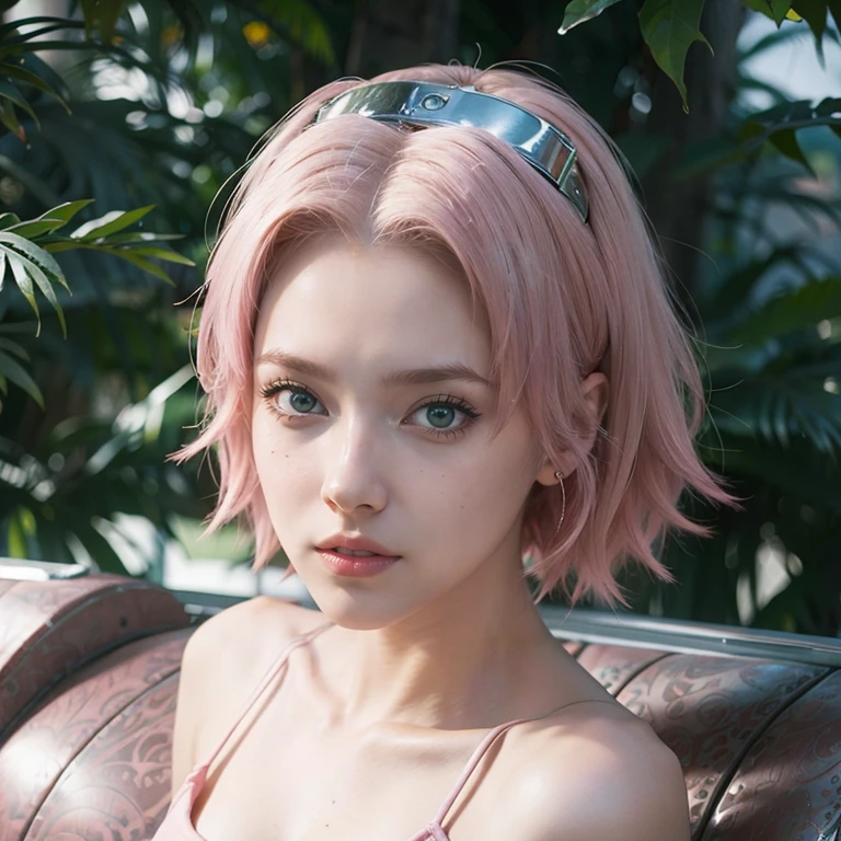 young woman, short shoulder-length pink hair, wide forehead, porcelain skin, pink eyebrows, big emerald green eyes, buttoned nose, full lips, heart-shaped face, slender body, small breasts, red tank top, Sakura Haruno , realistic, realism, details, 3d, well detailed