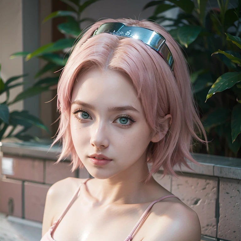 young woman, short shoulder-length pink hair, wide forehead, porcelain skin, pink eyebrows, big emerald green eyes, buttoned nose, full lips, heart-shaped face, slender body, small breasts, red tank top, Sakura Haruno , realistic, realism, details, 3d, well detailed
